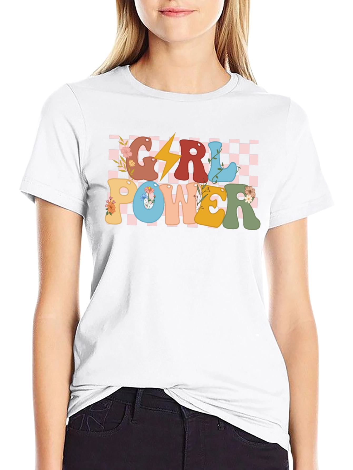 Girl Power Graphic Tee - Retro Checkered Design