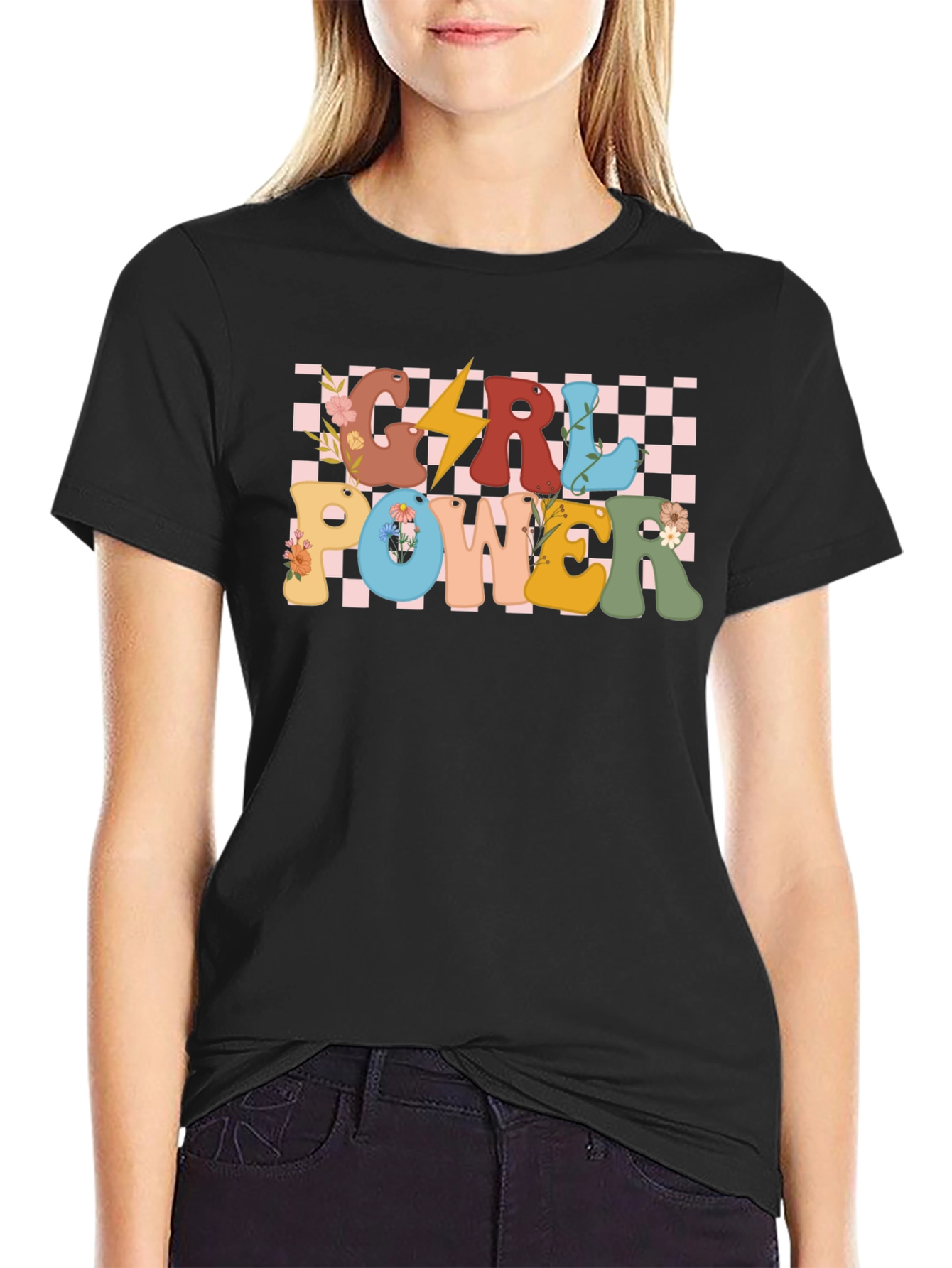 Girl Power Graphic Tee - Retro Checkered Design