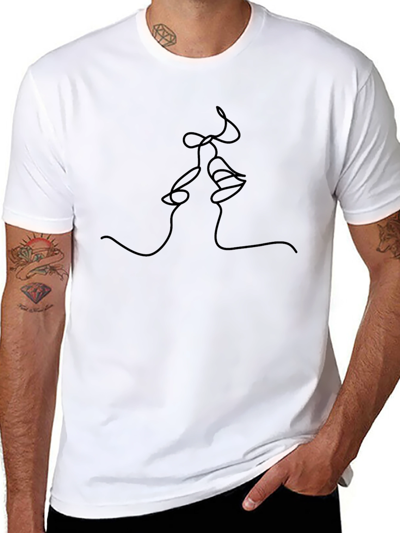 Minimalist Kiss Line Art Black T-Shirt