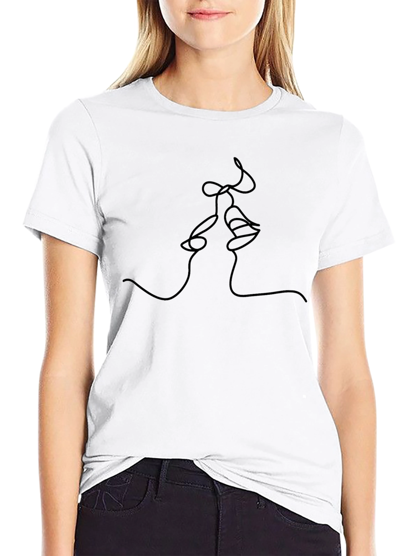 Minimalist Kiss Line Art Black T-Shirt