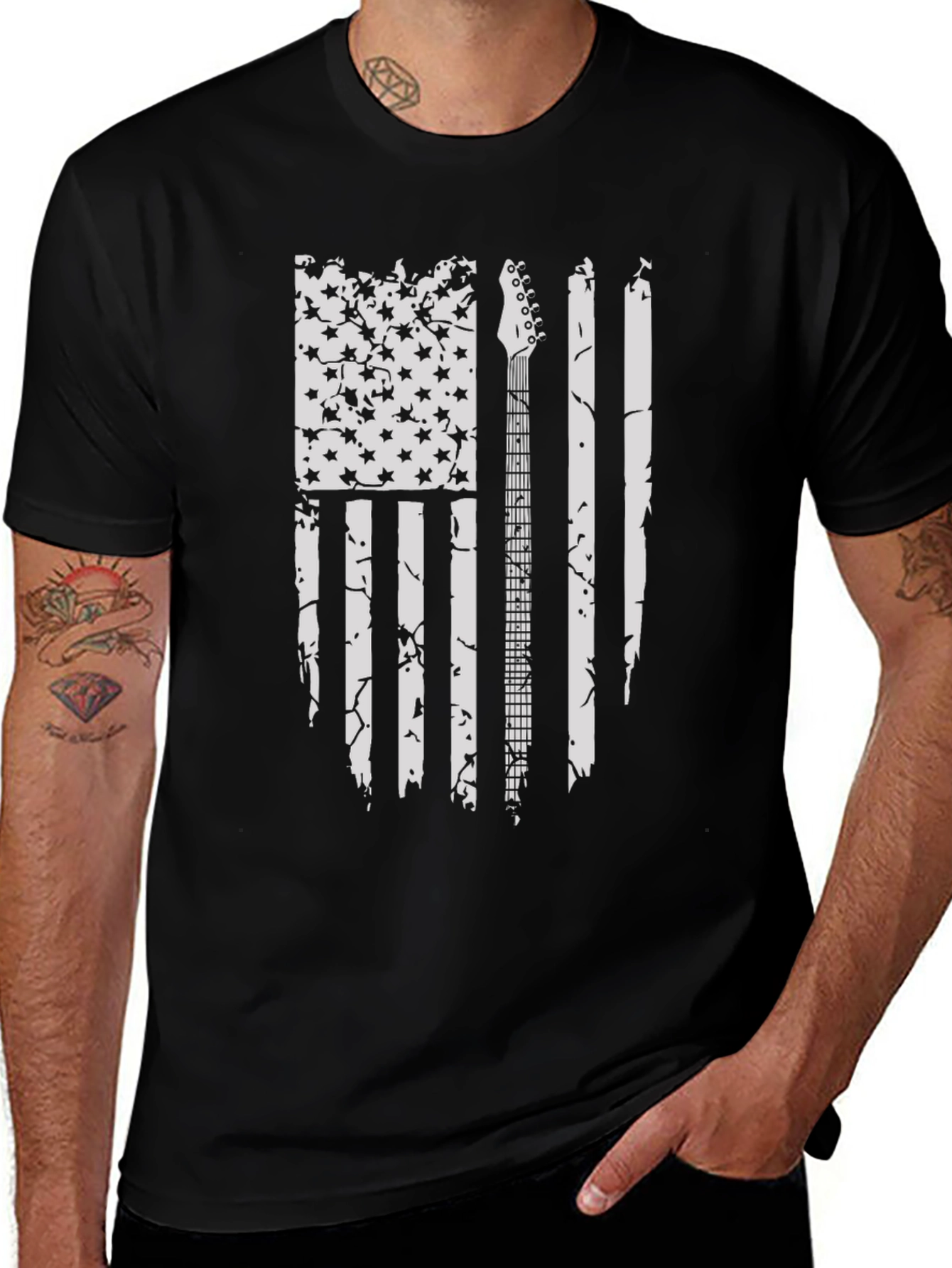 Distressed US Flag Guitar T-Shirt - Black