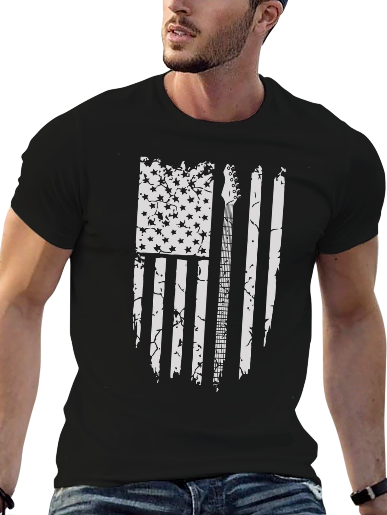 Distressed US Flag Guitar T-Shirt - Black