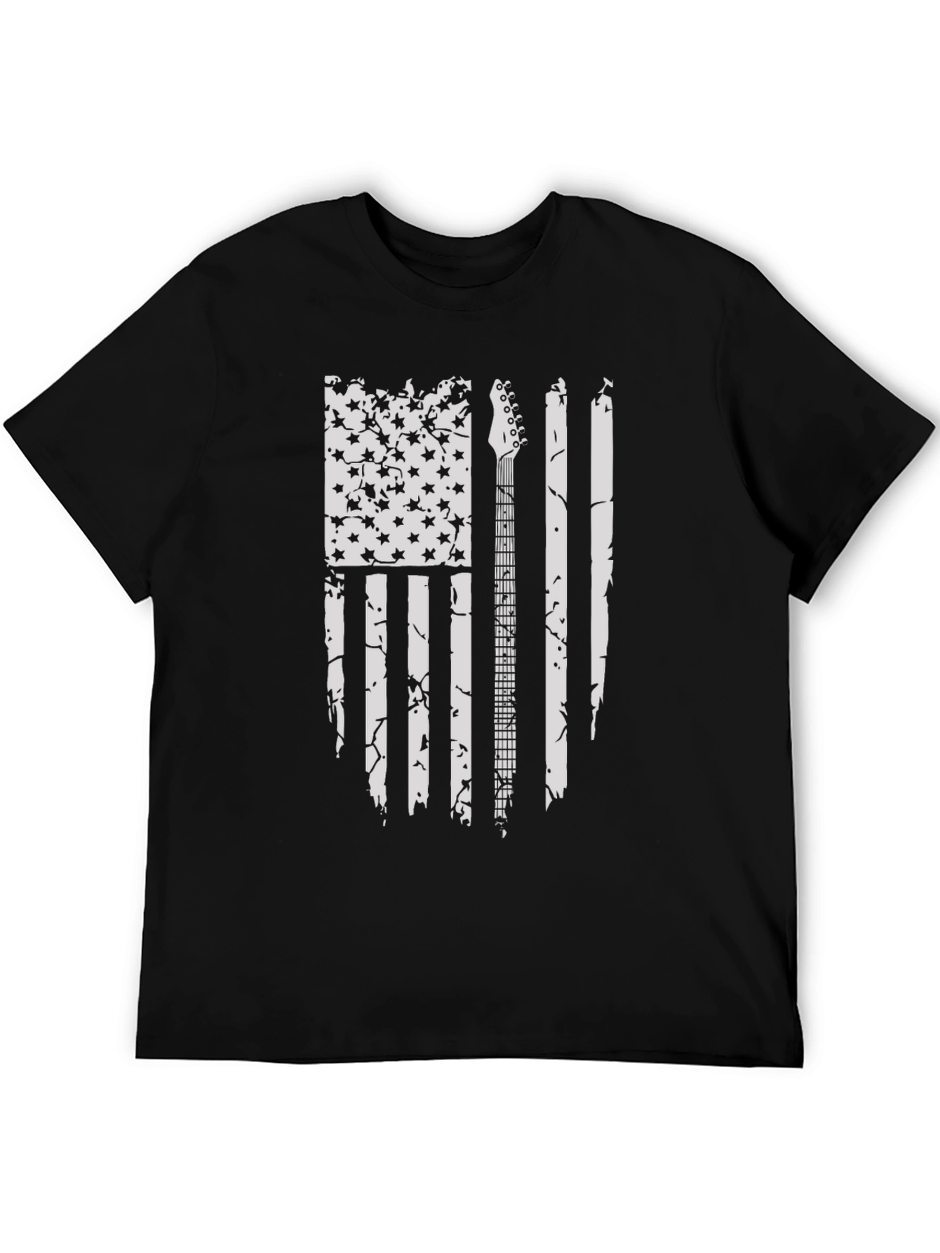 Distressed US Flag Guitar T-Shirt - Black