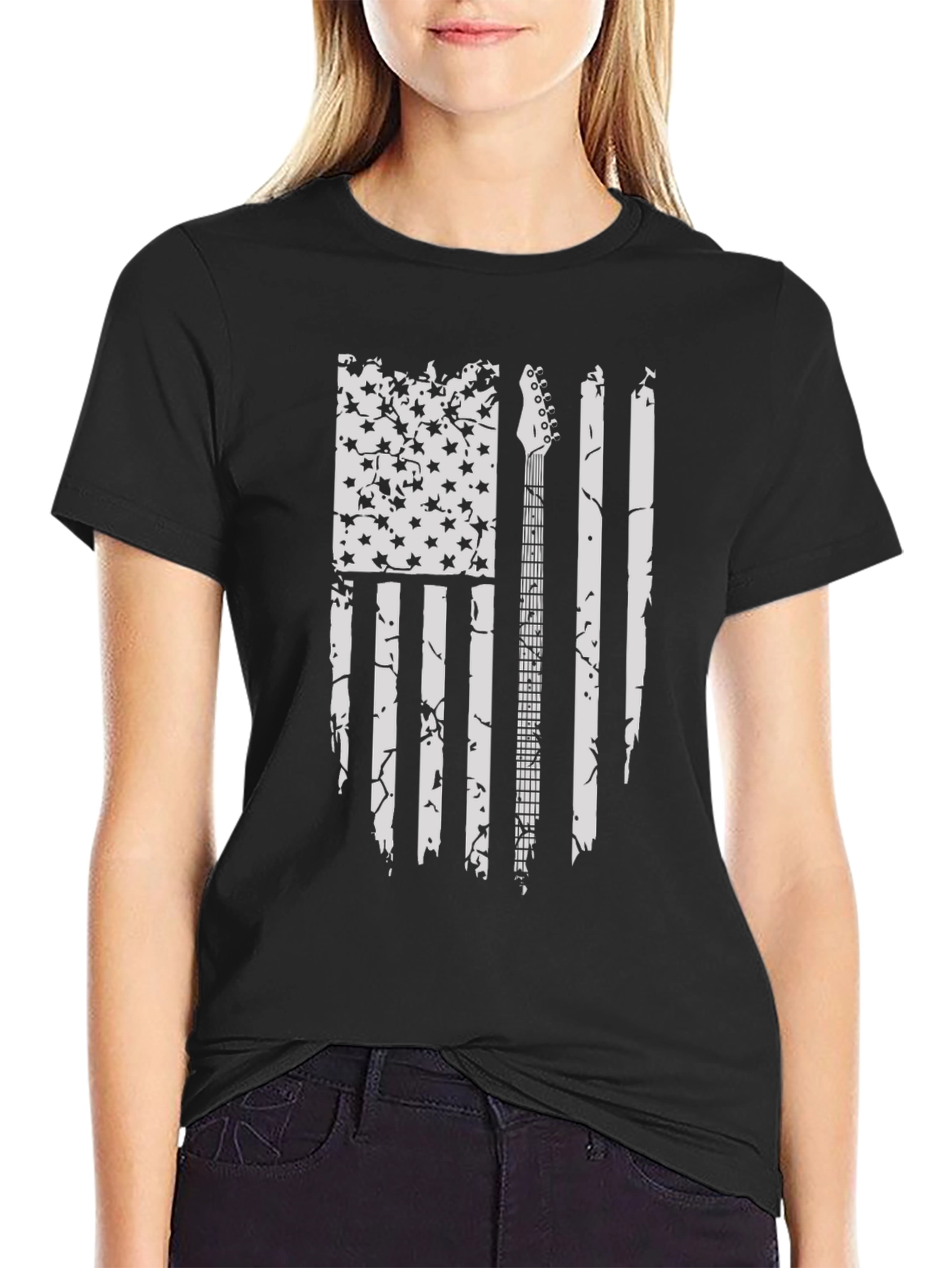 Distressed US Flag Guitar T-Shirt - Black