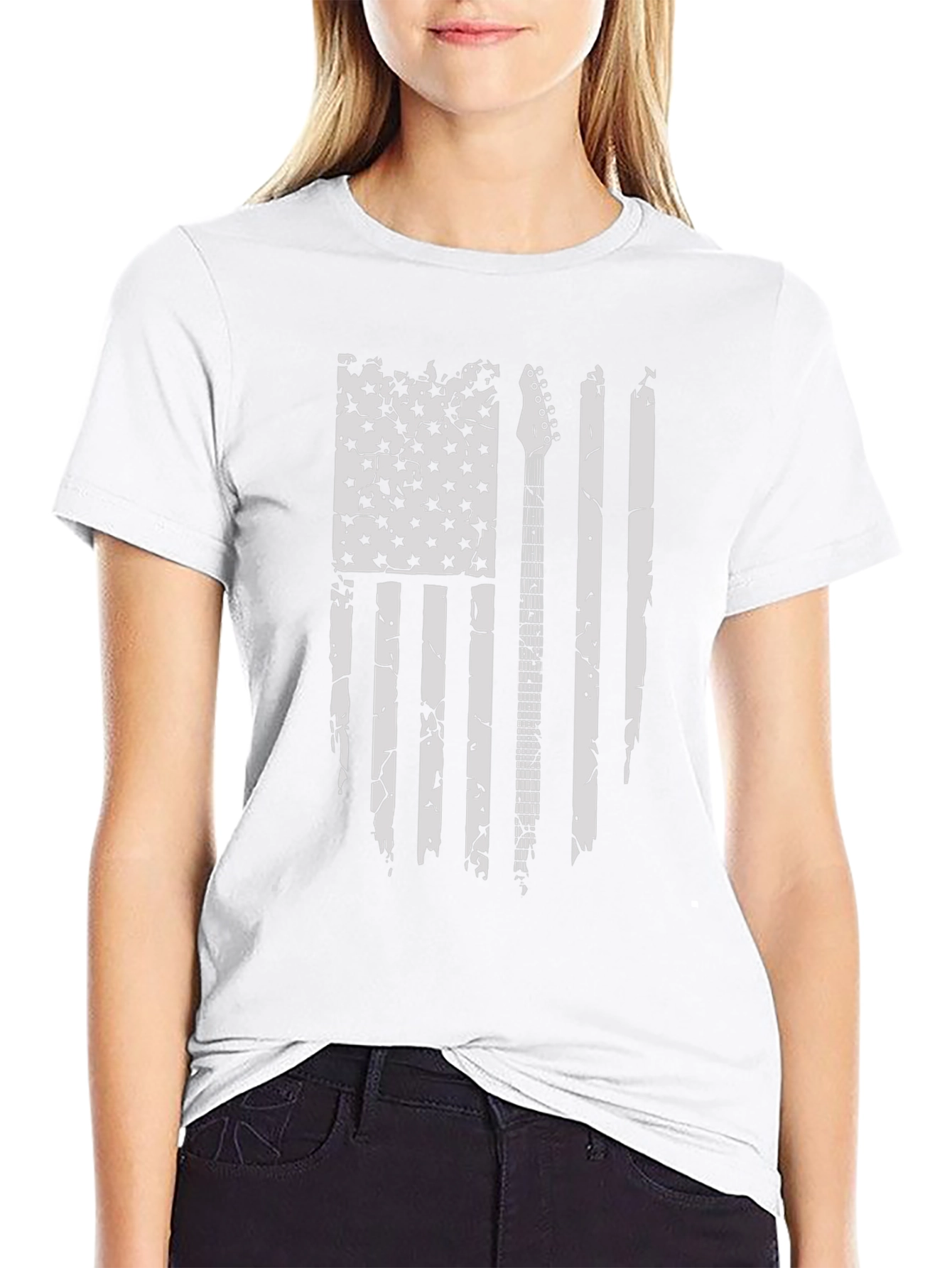 Distressed US Flag Guitar T-Shirt - Black