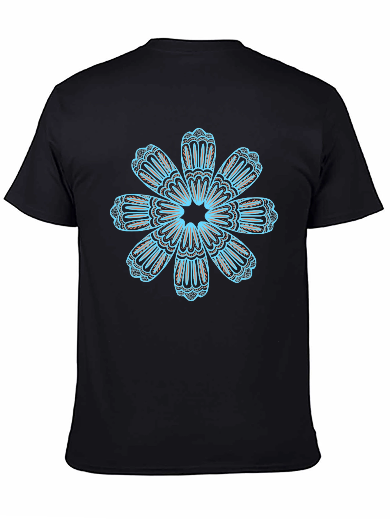 Black T-Shirt with Teal Floral Mandala Design