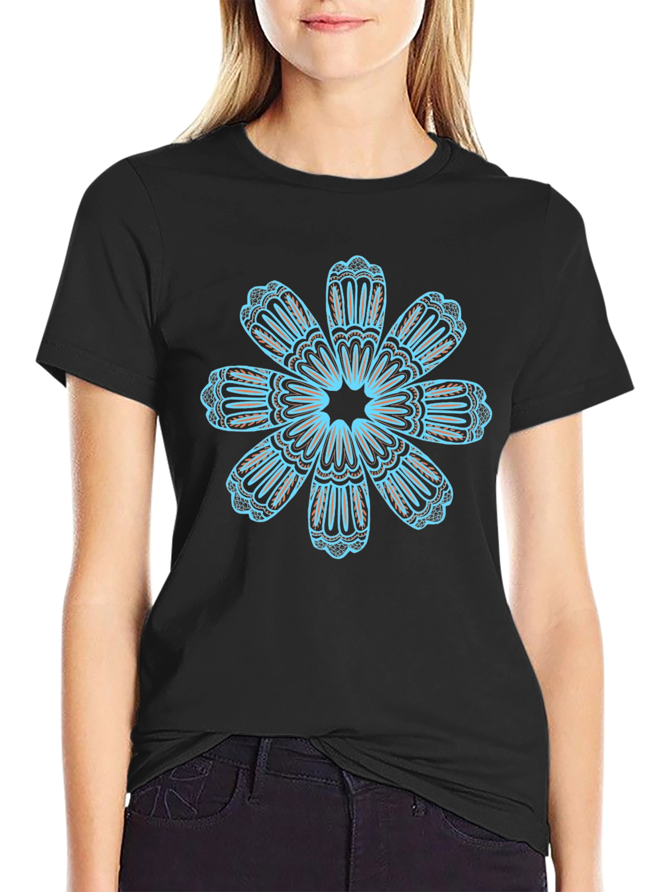 Black T-Shirt with Teal Floral Mandala Design