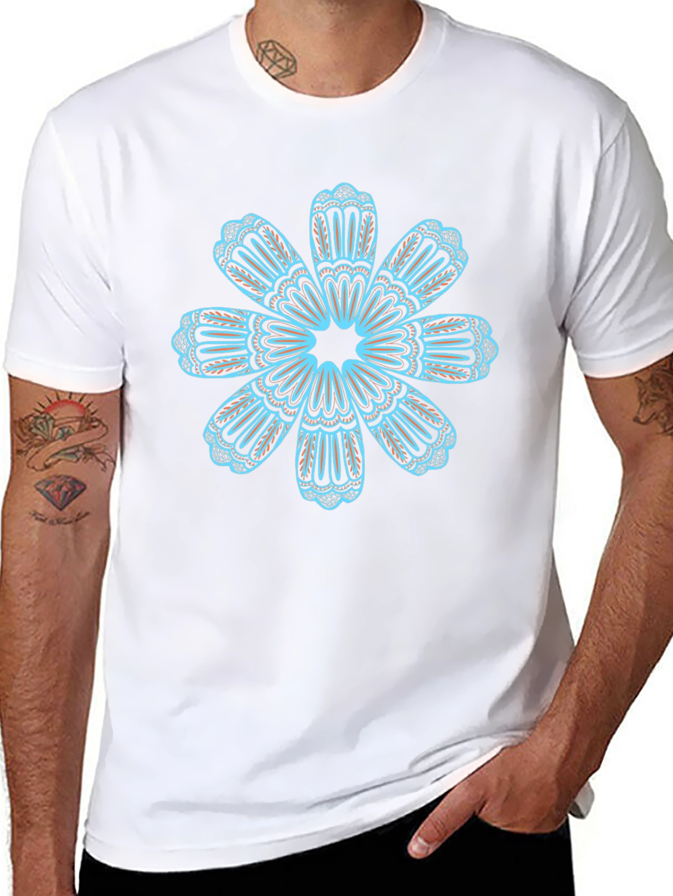 Black T-Shirt with Teal Floral Mandala Design