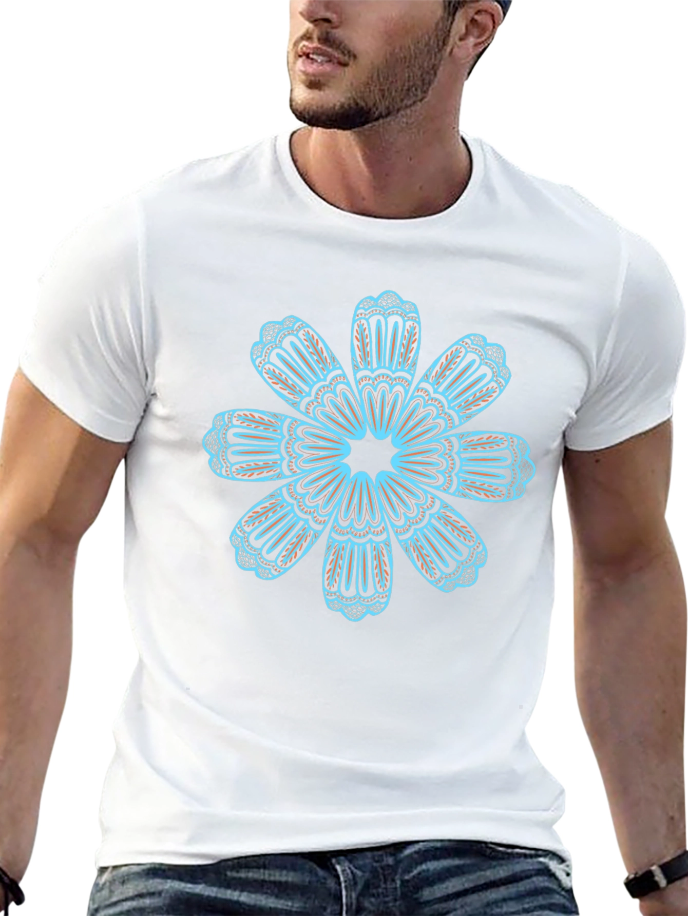 Black T-Shirt with Teal Floral Mandala Design
