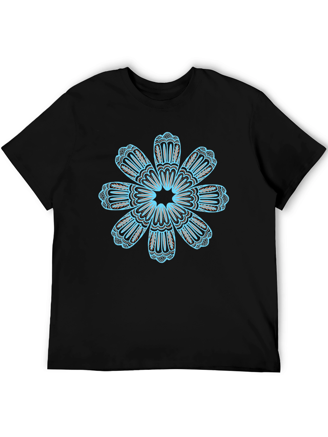 Black T-Shirt with Teal Floral Mandala Design