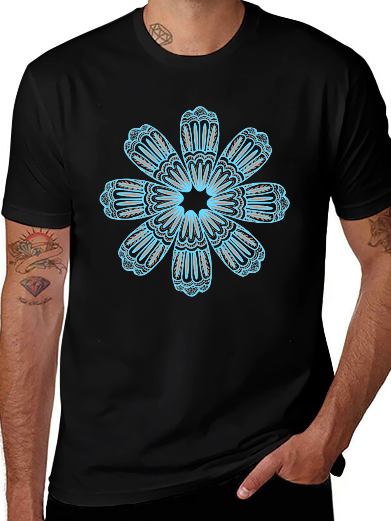Black T-Shirt with Teal Floral Mandala Design