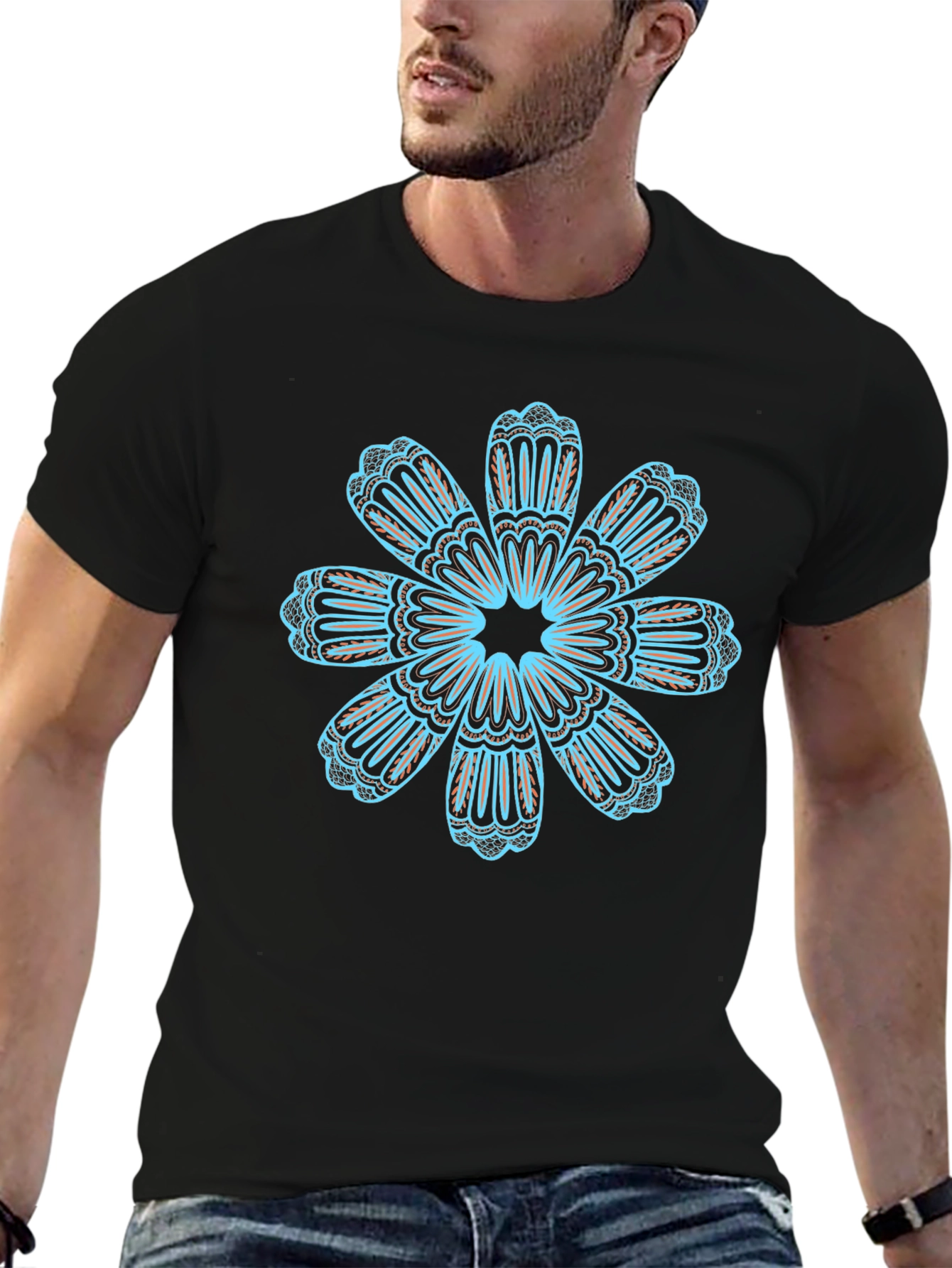 Black T-Shirt with Teal Floral Mandala Design