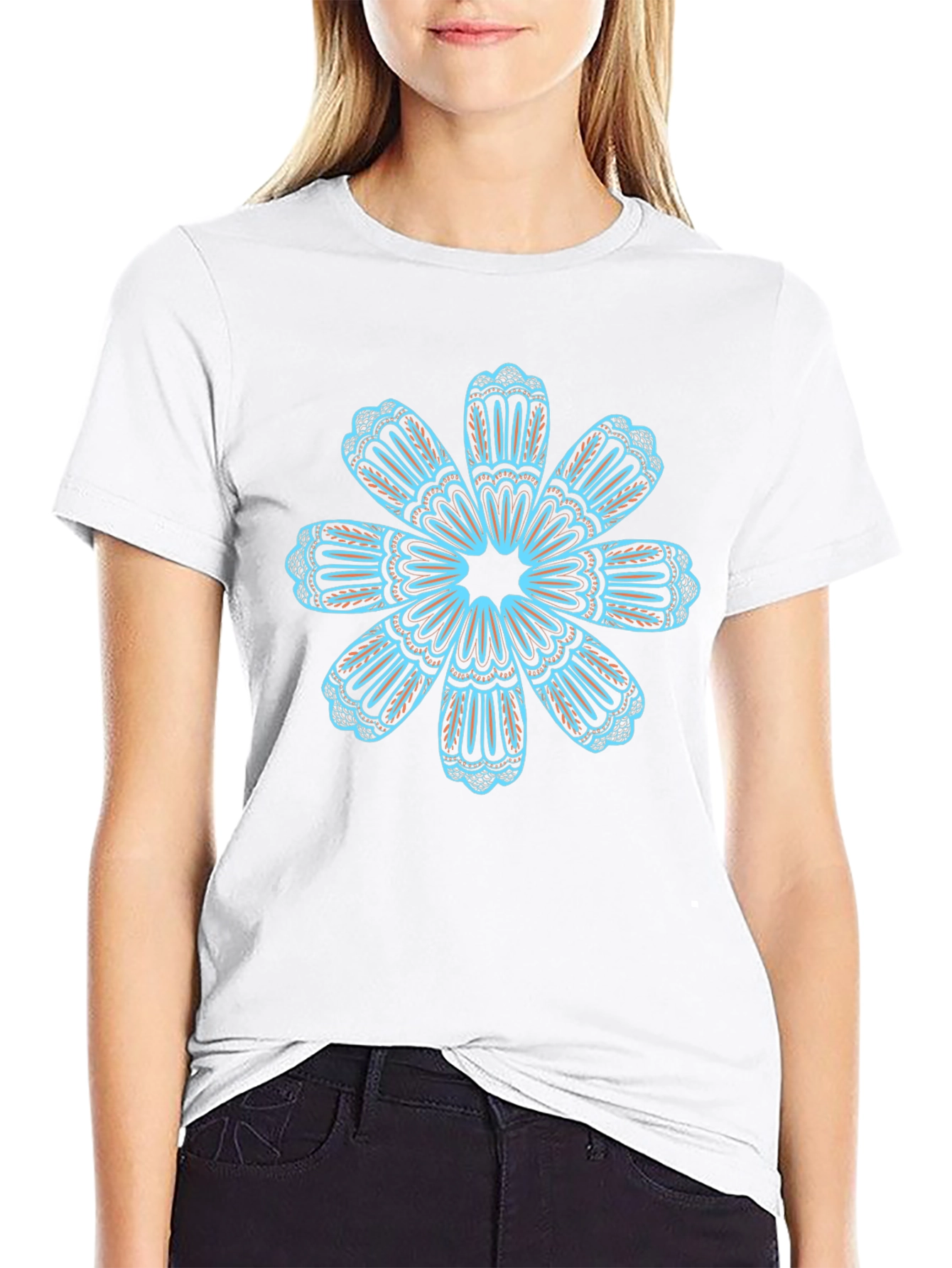 Black T-Shirt with Teal Floral Mandala Design
