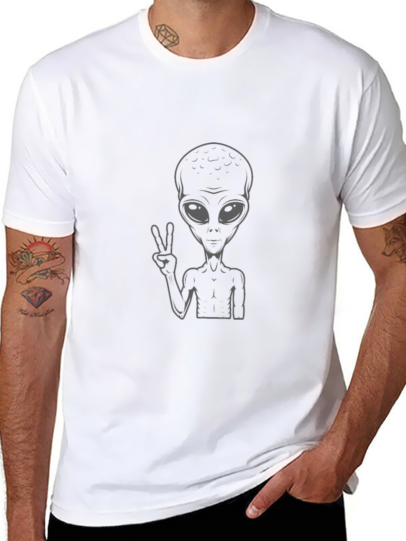 Alien Peace Sign Graphic Black T-Shirt