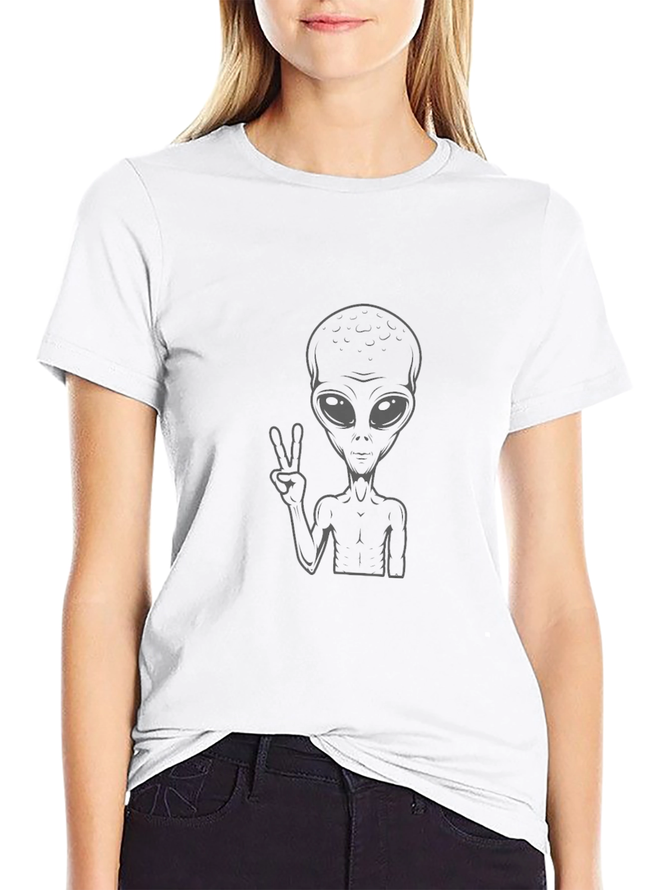 Alien Peace Sign Graphic Black T-Shirt