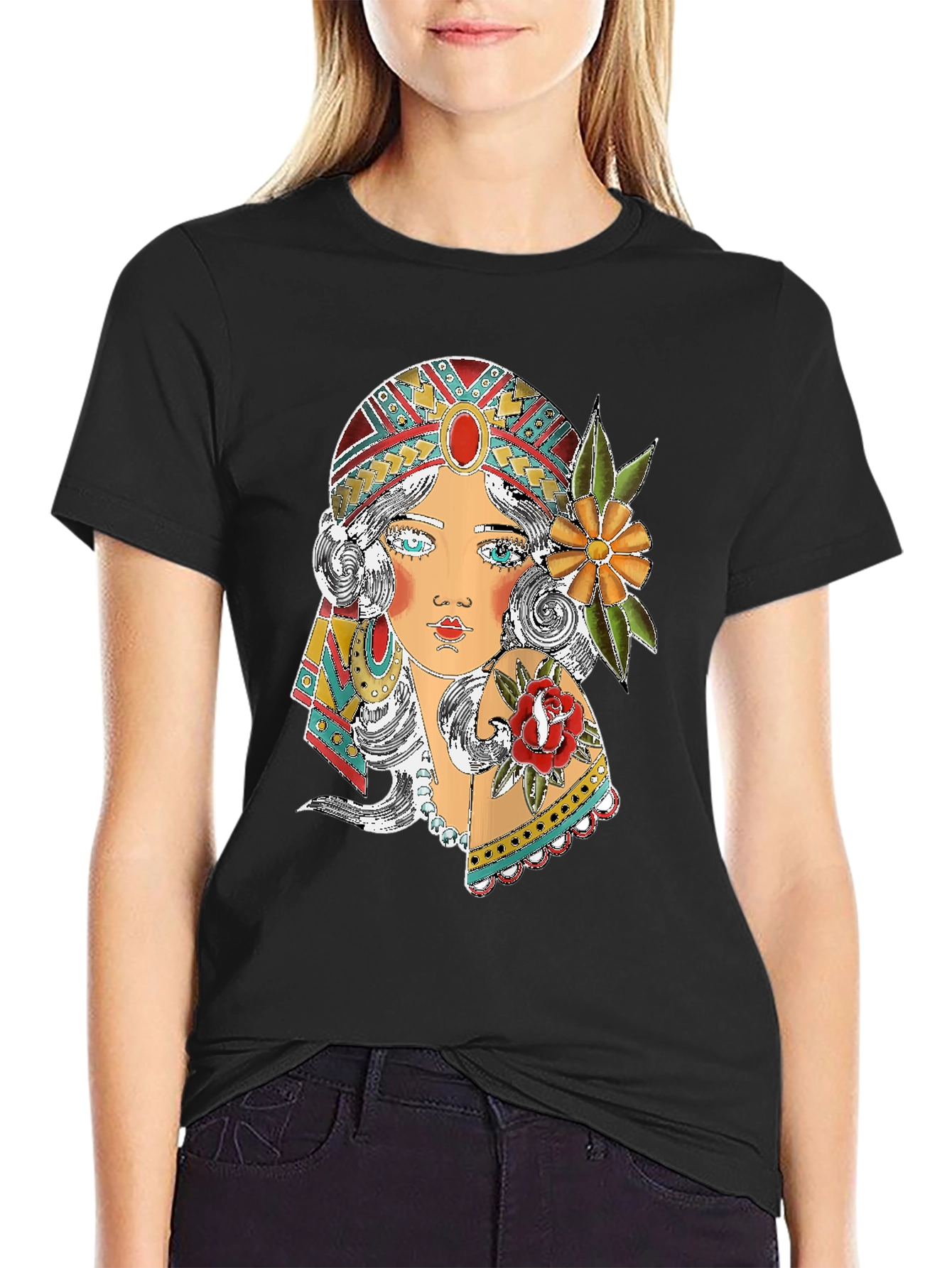 Gypsy Girl Graphic Print Black T-Shirt
