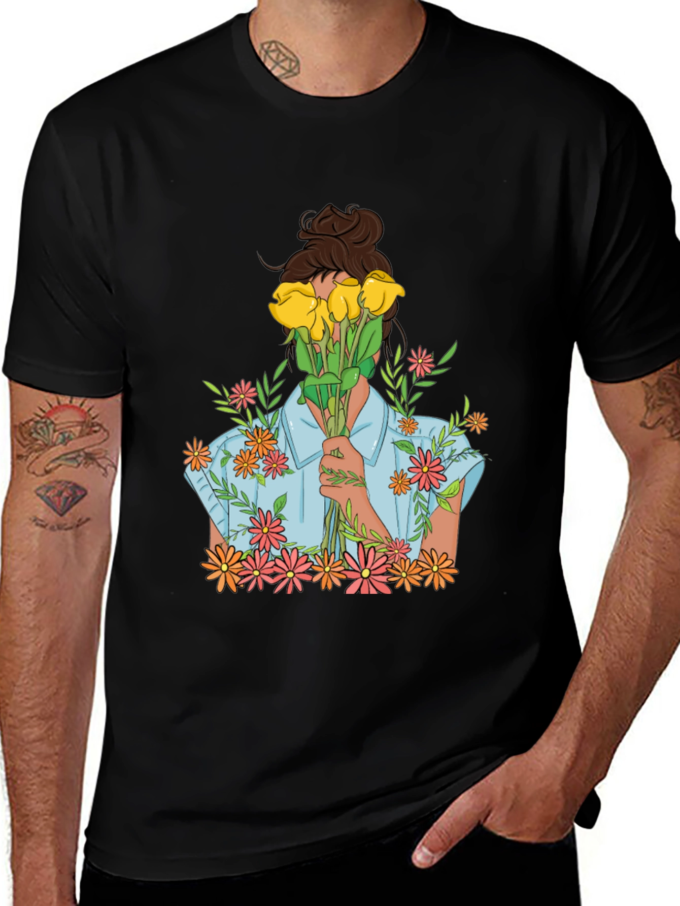 Floral Bouquet Graphic Tee - Trendy Black T-Shirt
