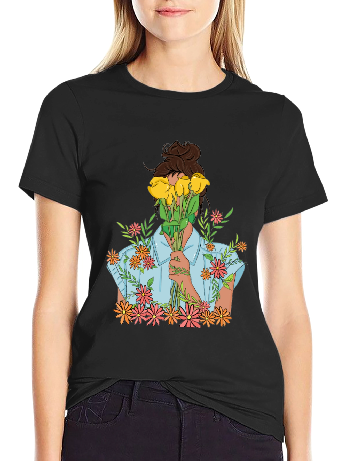 Floral Bouquet Graphic Tee - Trendy Black T-Shirt