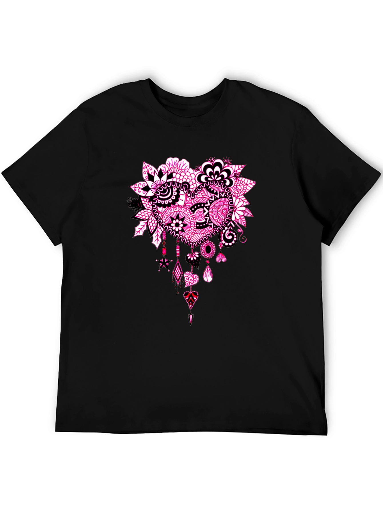 Black T-Shirt with Pink Heart Floral Design