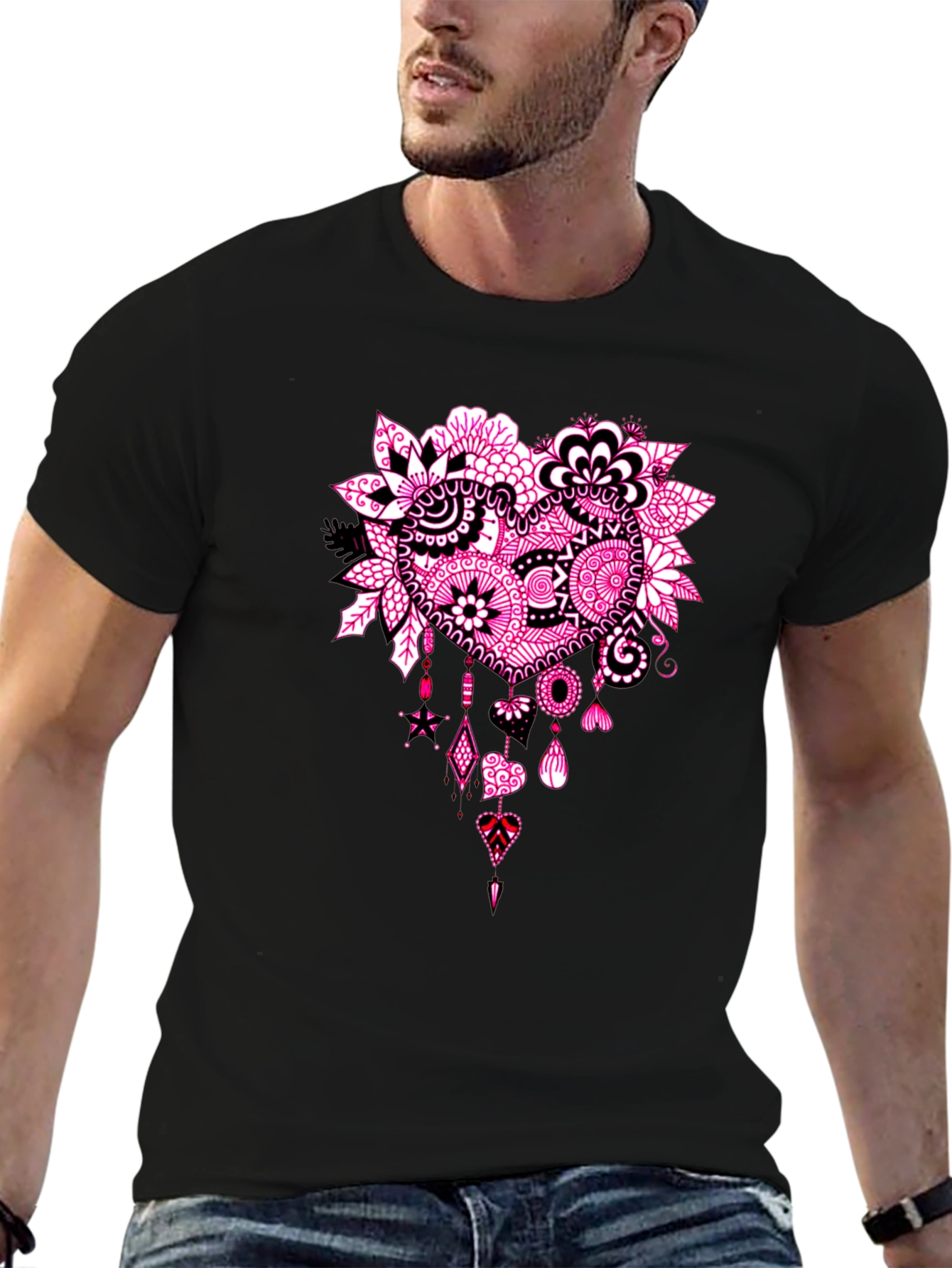 Black T-Shirt with Pink Heart Floral Design