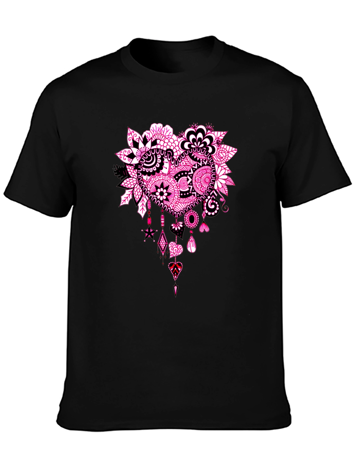 Black T-Shirt with Pink Heart Floral Design