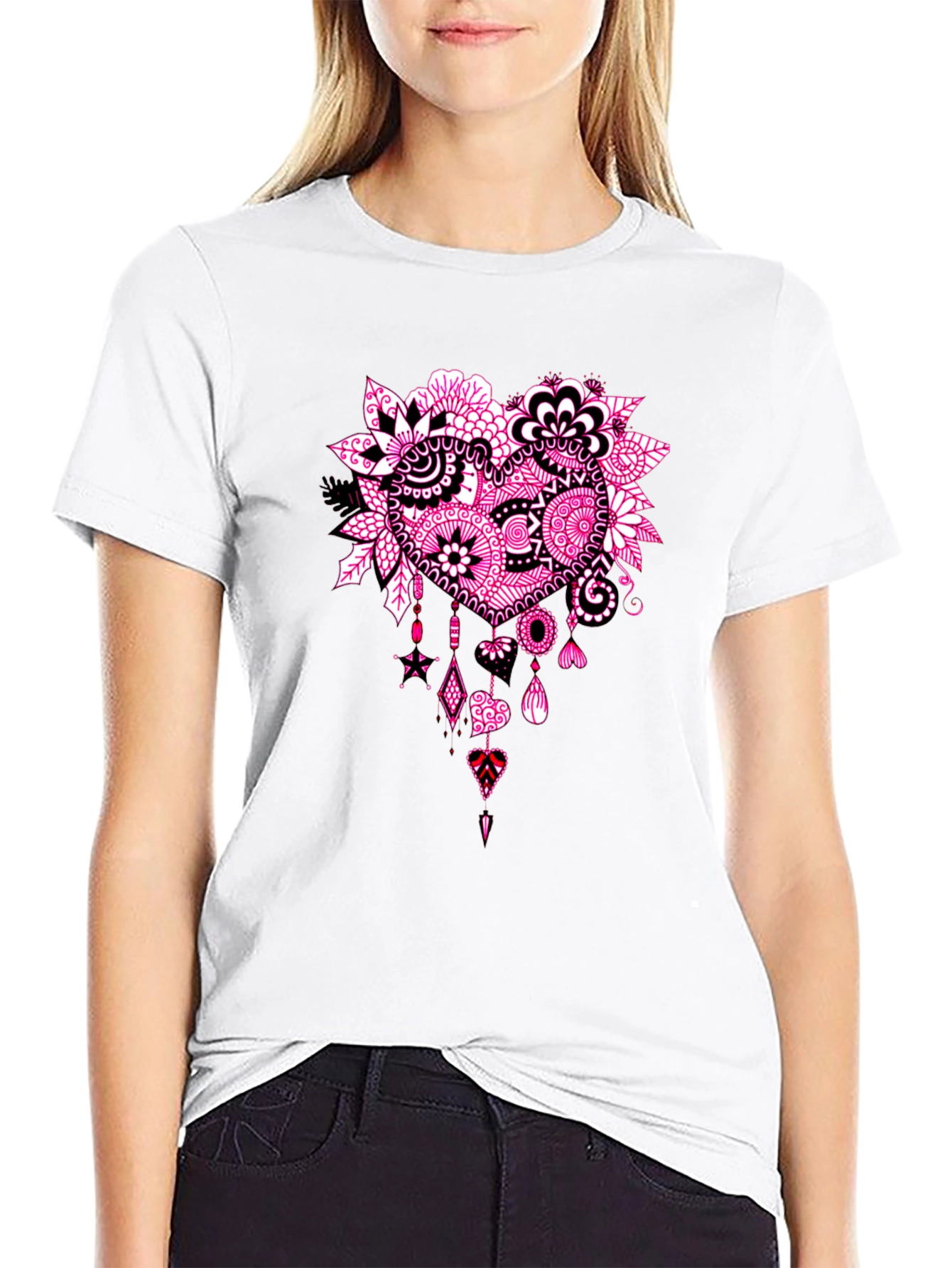 Black T-Shirt with Pink Heart Floral Design