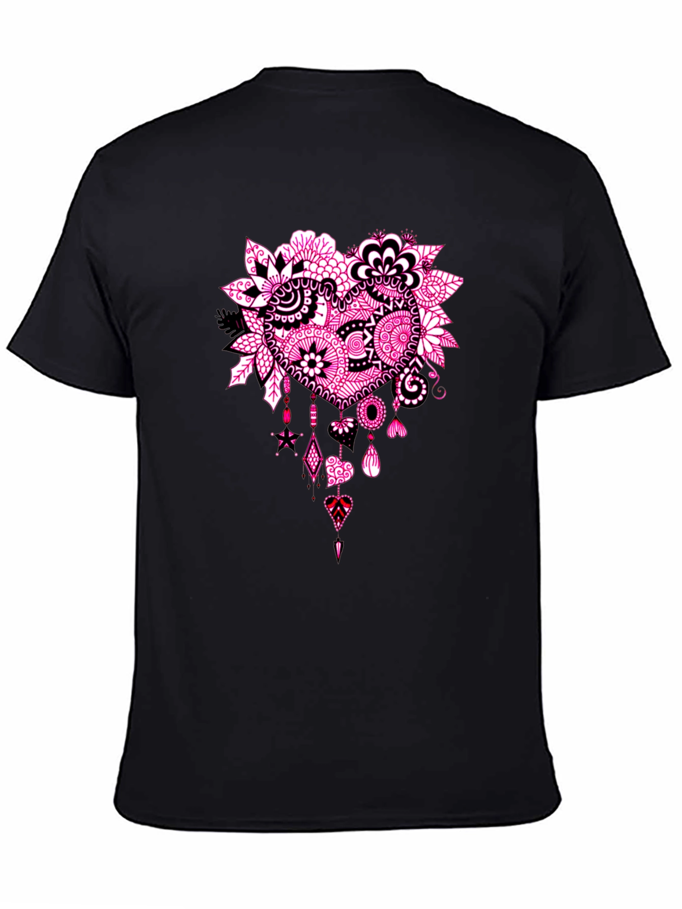 Black T-Shirt with Pink Heart Floral Design