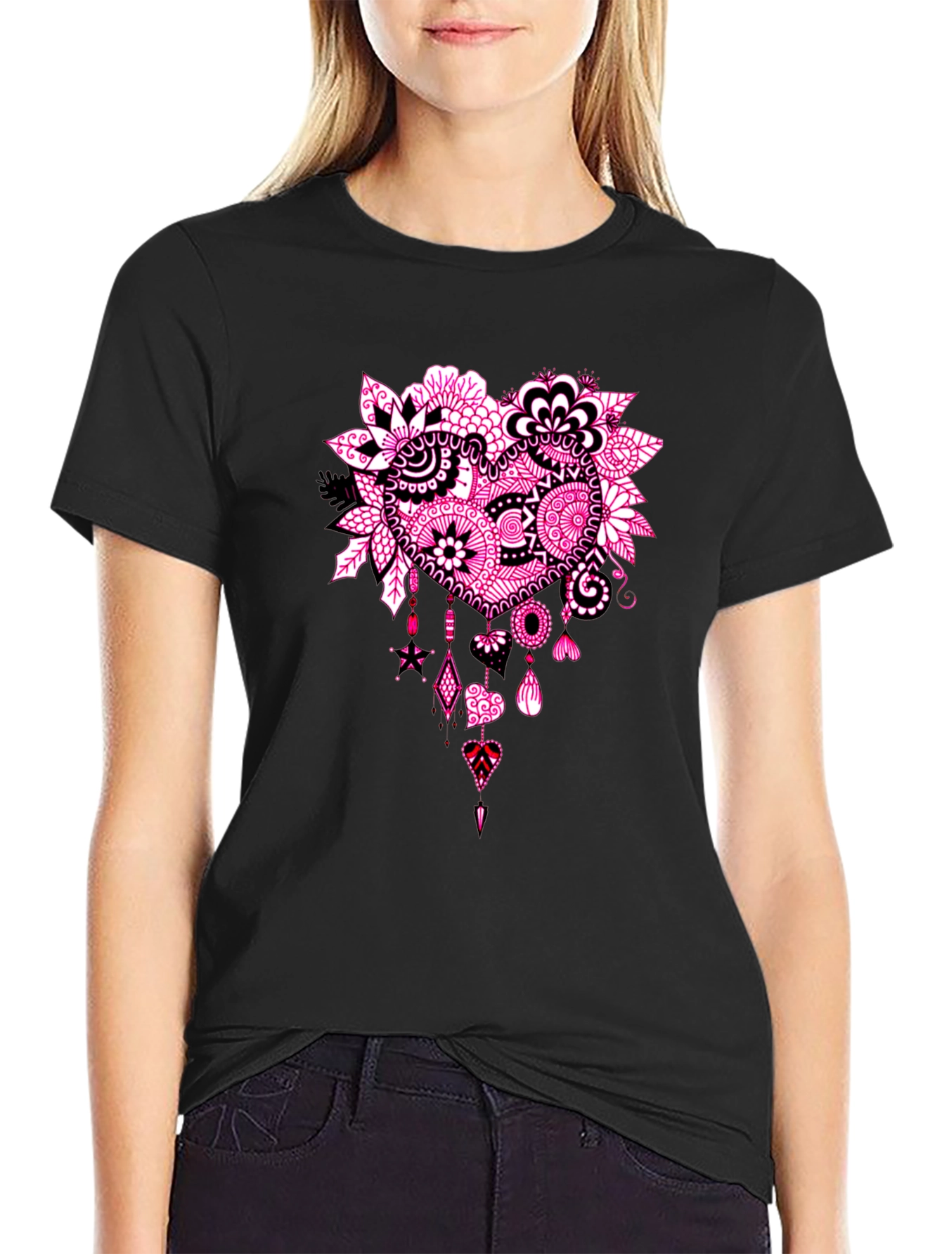 Black T-Shirt with Pink Heart Floral Design