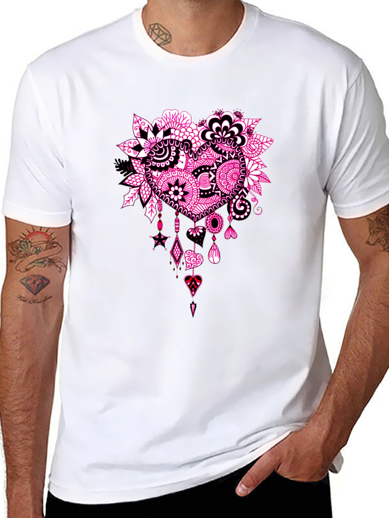 Black T-Shirt with Pink Heart Floral Design
