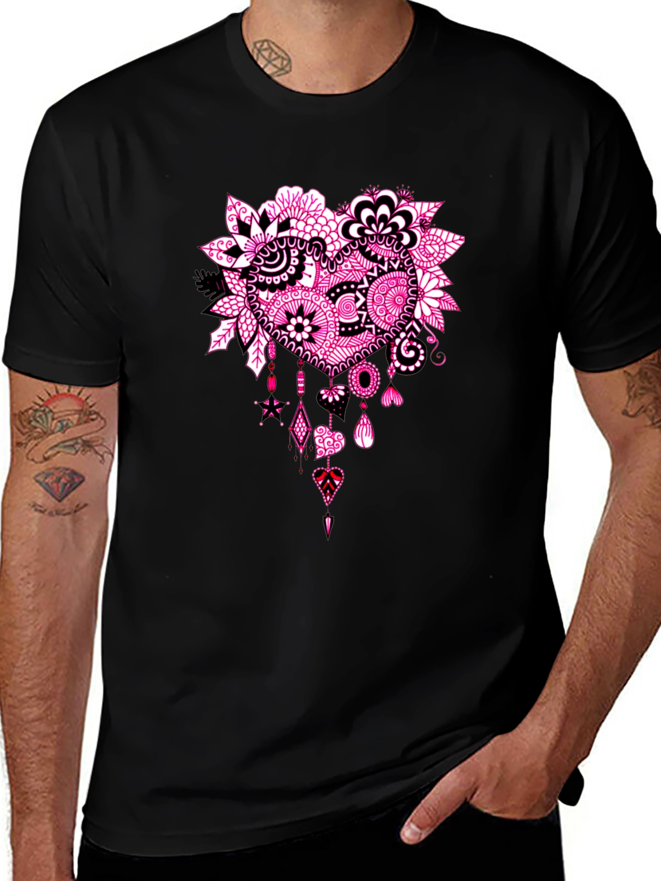 Black T-Shirt with Pink Heart Floral Design