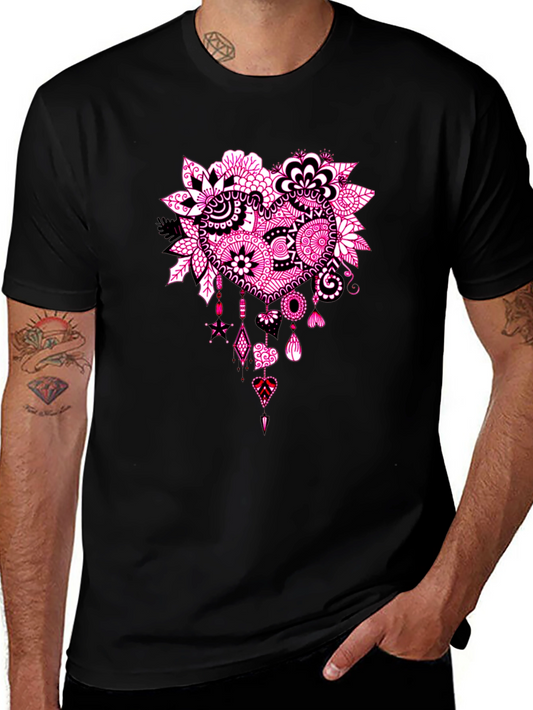 Black T-Shirt with Pink Heart Floral Design