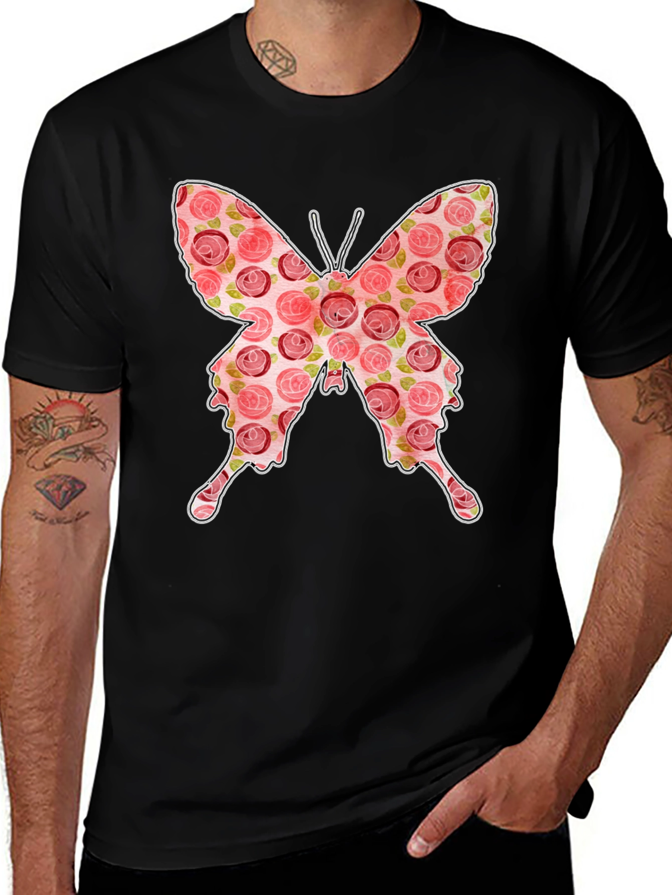 Floral Butterfly Graphic Tee - Stylish Black T-Shirt