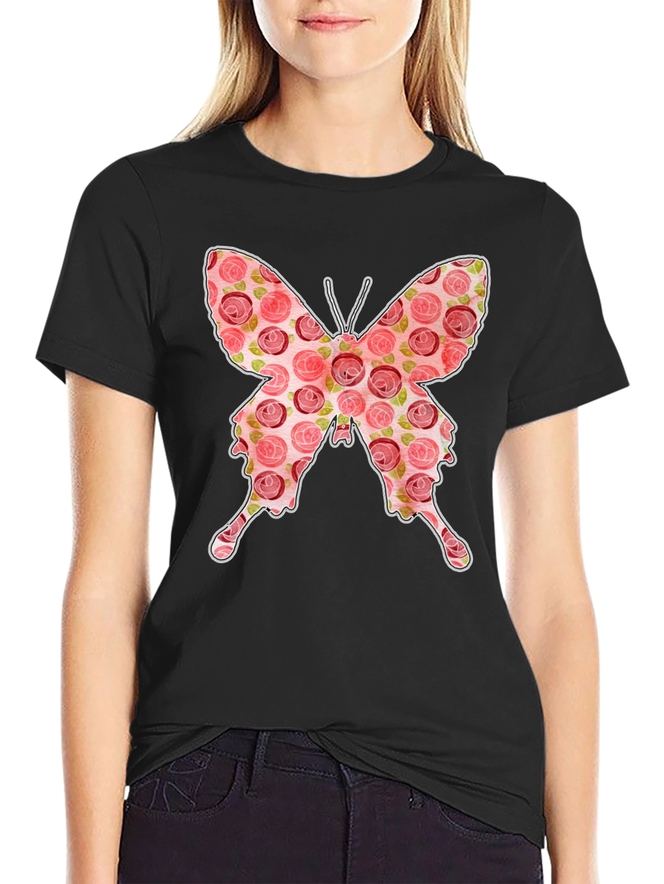 Floral Butterfly Graphic Tee - Stylish Black T-Shirt