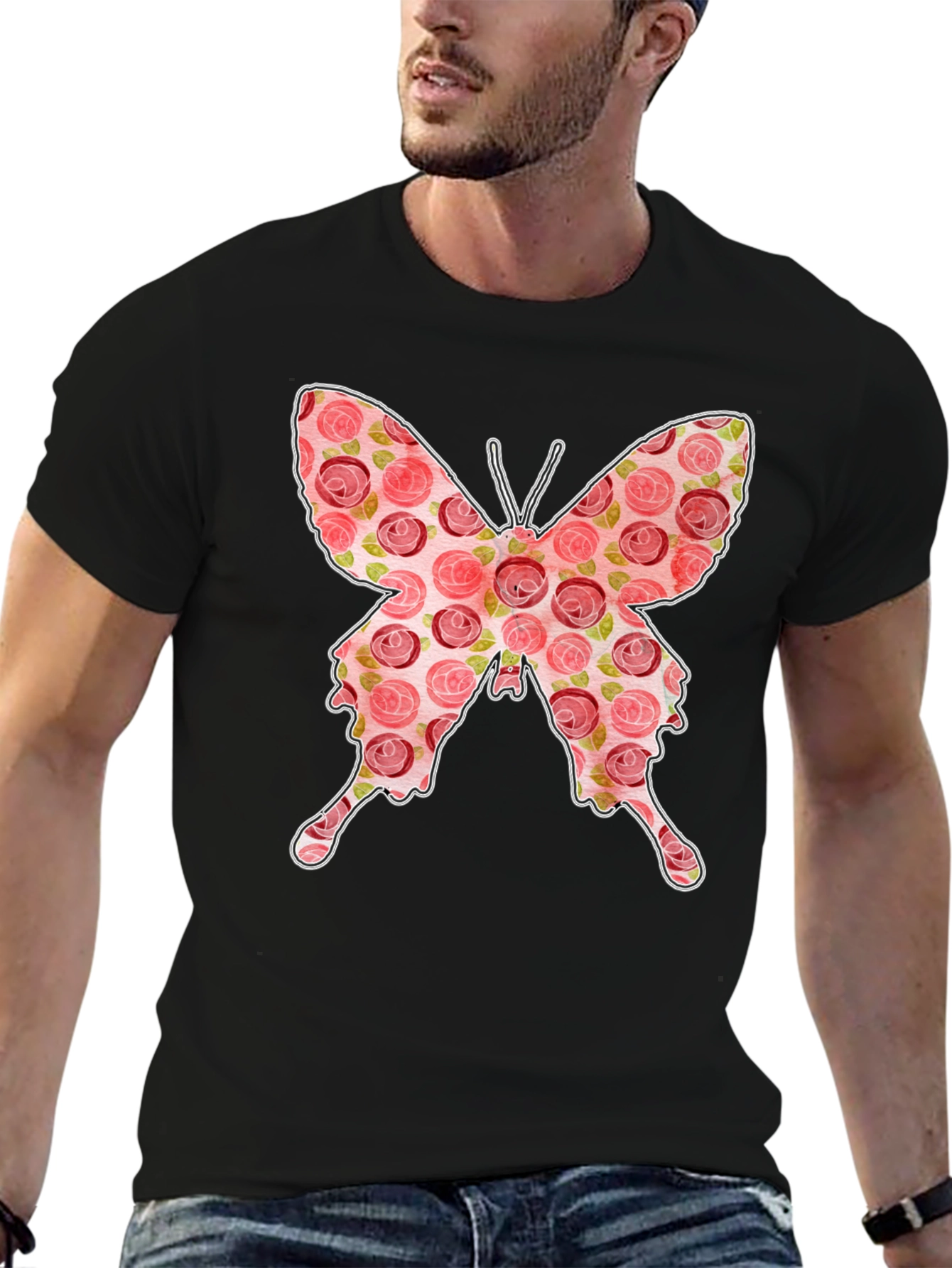 Floral Butterfly Graphic Tee - Stylish Black T-Shirt