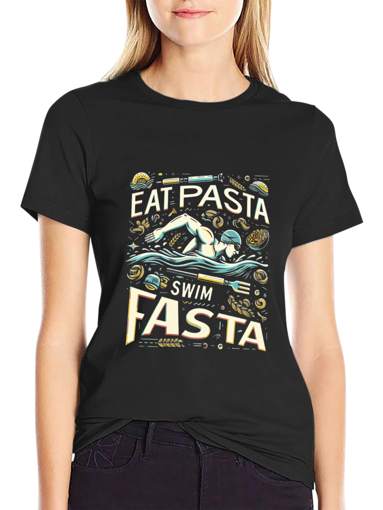 Eat Pasta Swim Fasta Black T-Shirt
