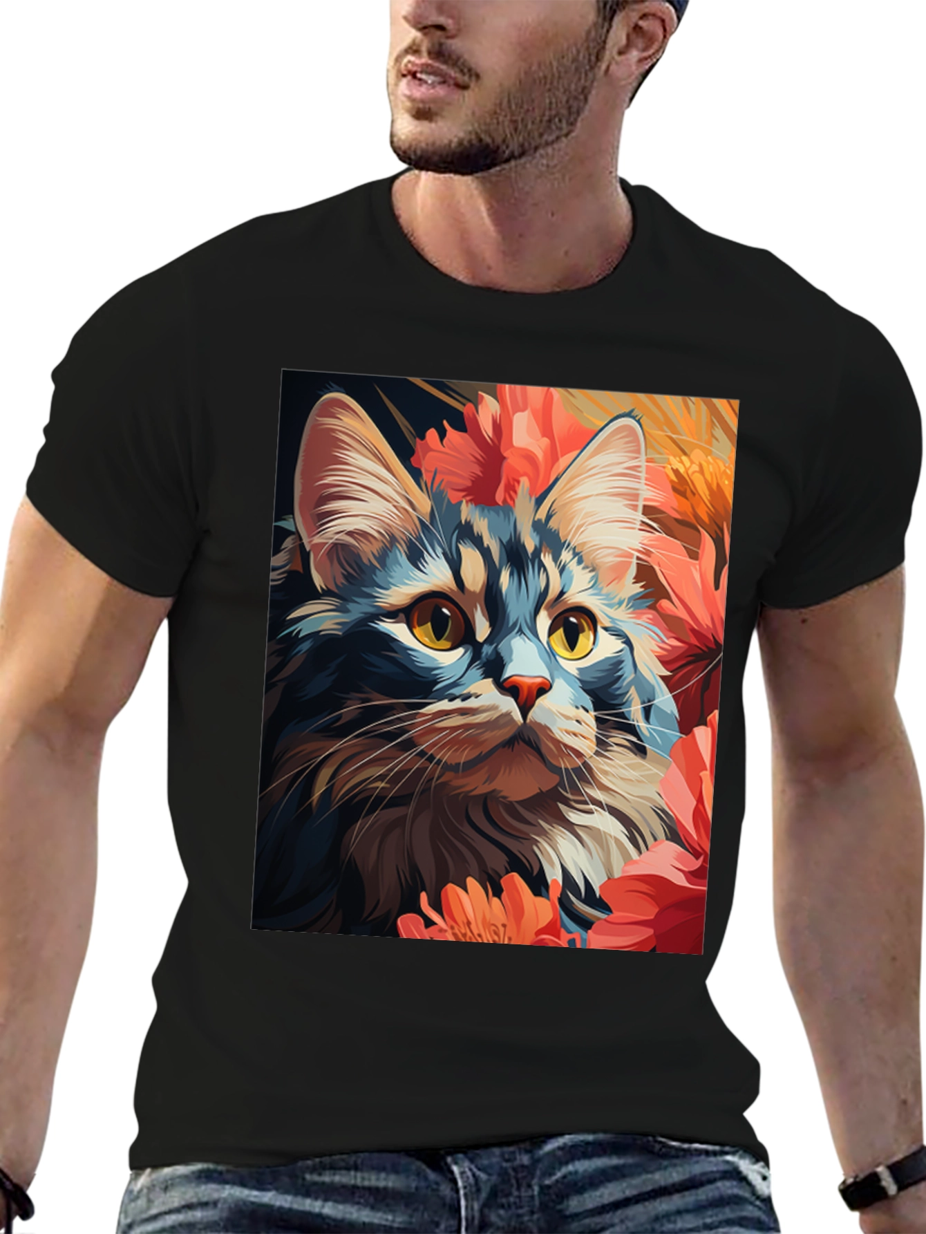 Cat & Flowers Graphic Tee - Unisex Black T-Shirt