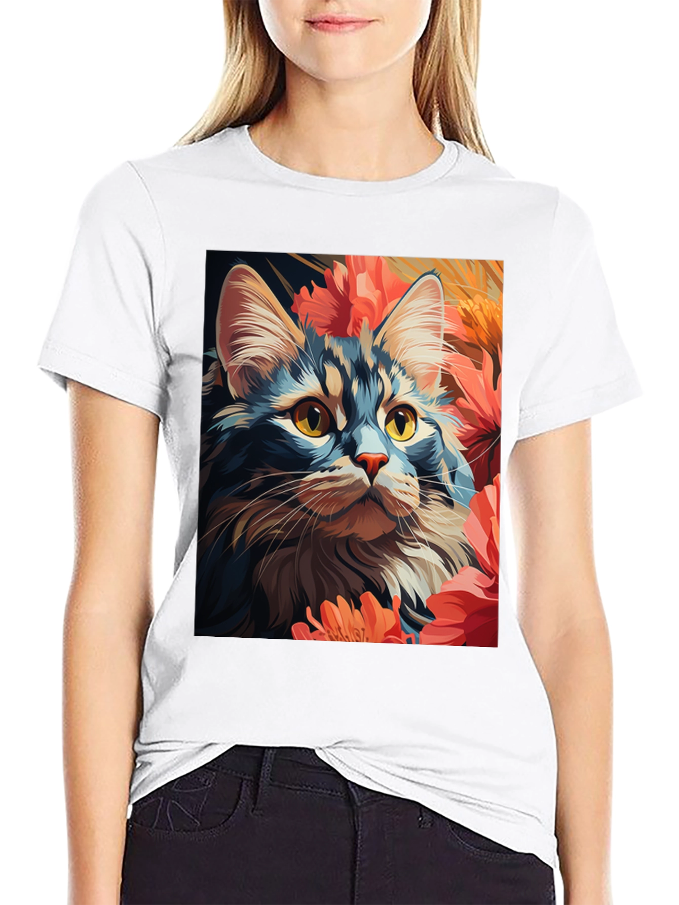 Cat & Flowers Graphic Tee - Unisex Black T-Shirt