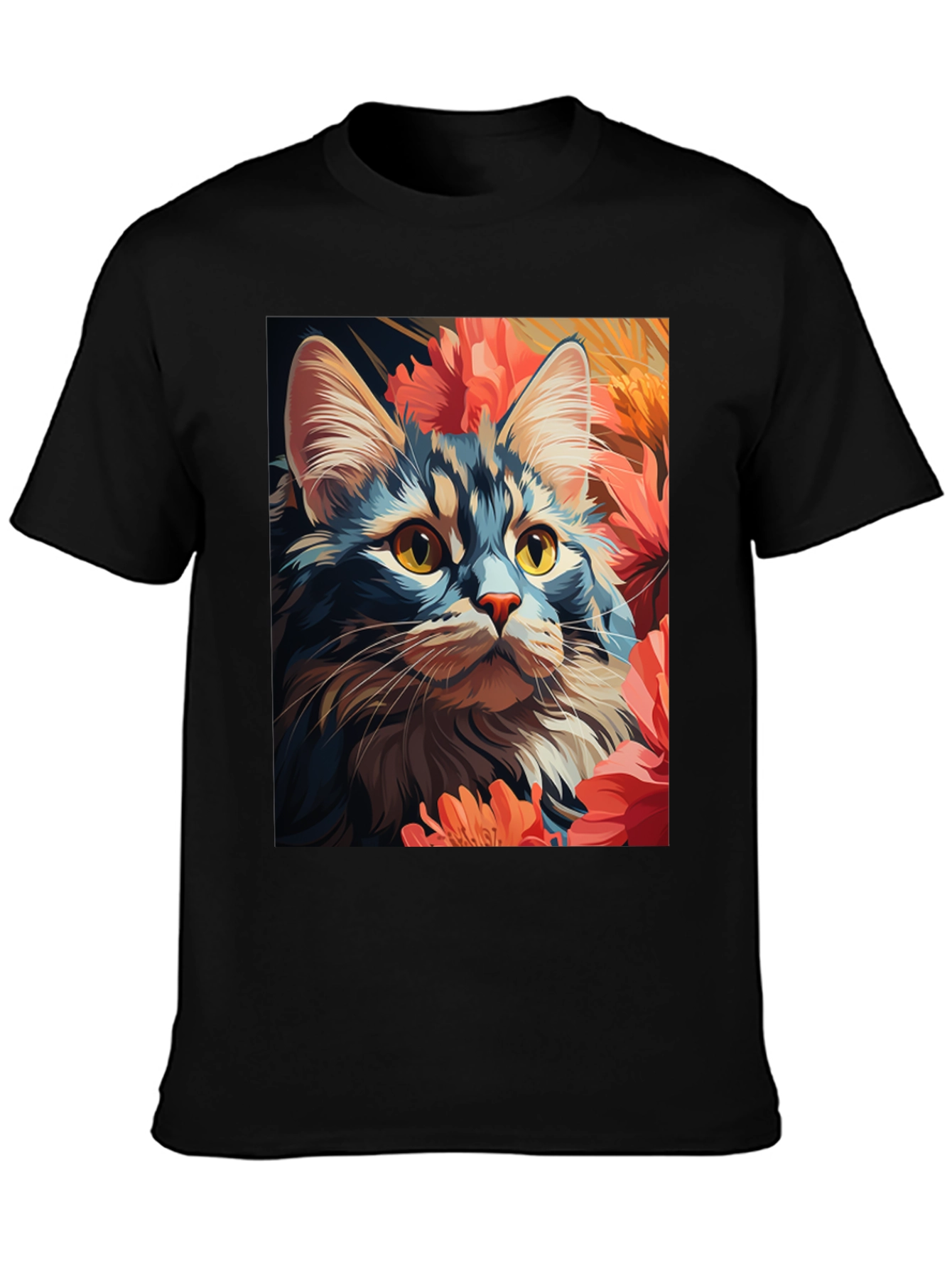 Cat & Flowers Graphic Tee - Unisex Black T-Shirt