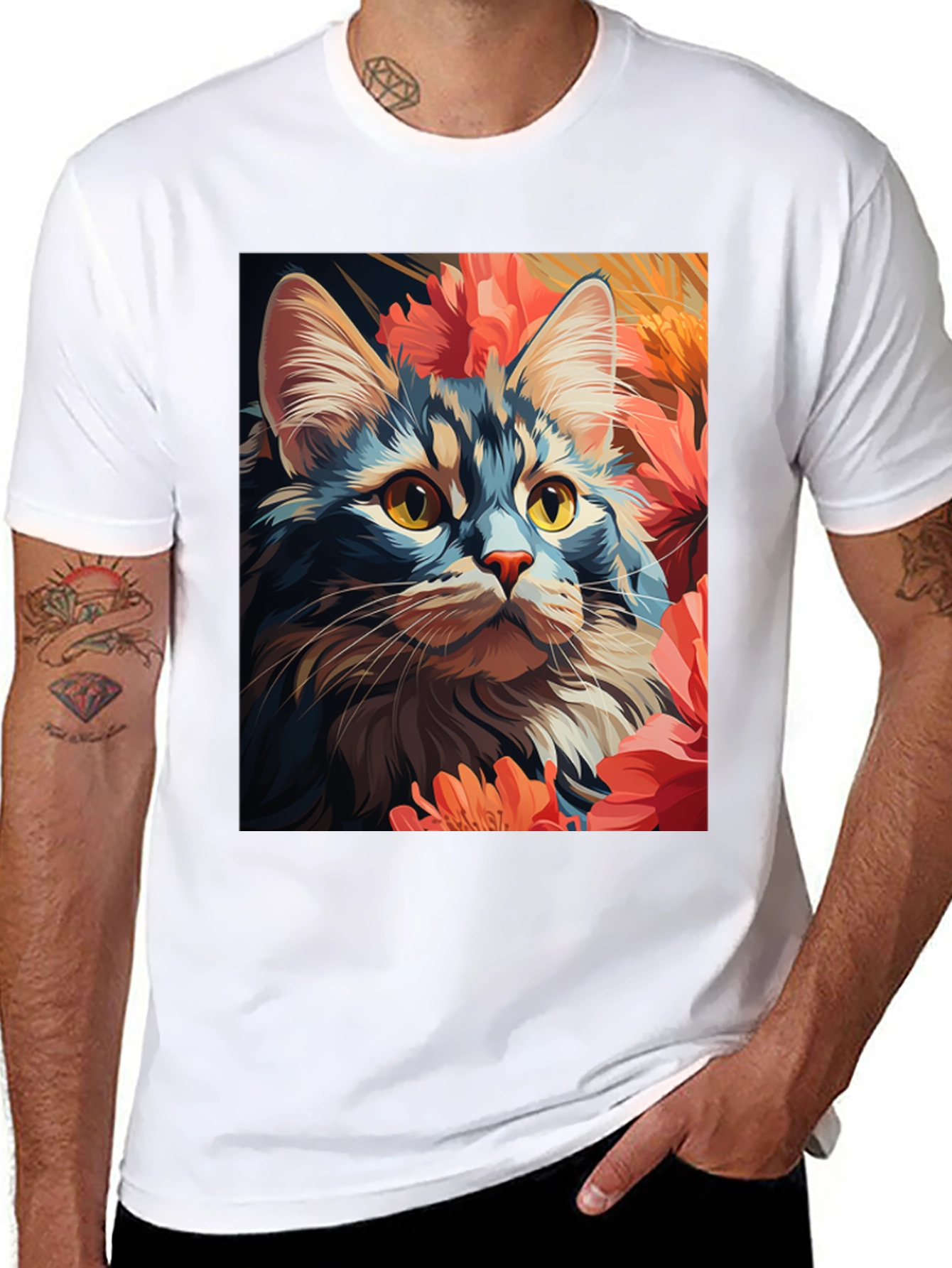 Cat & Flowers Graphic Tee - Unisex Black T-Shirt