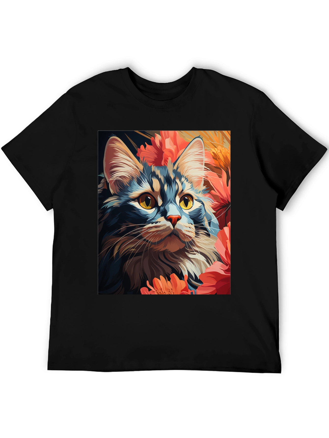 Cat & Flowers Graphic Tee - Unisex Black T-Shirt