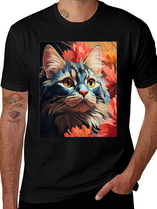 Cat & Flowers Graphic Tee - Unisex Black T-Shirt