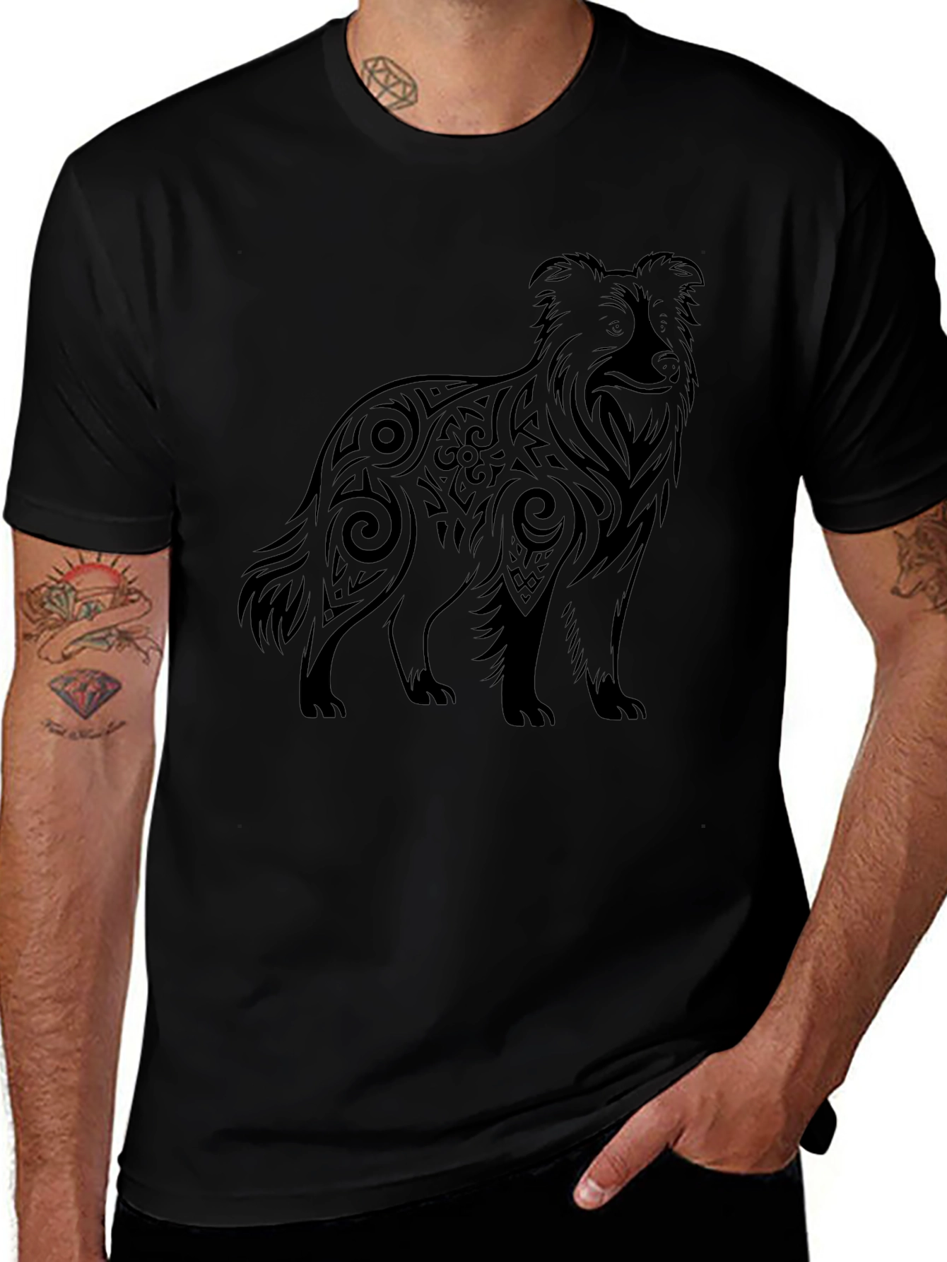 Tribal Dog Graphic Tee - Mens Black T-Shirt