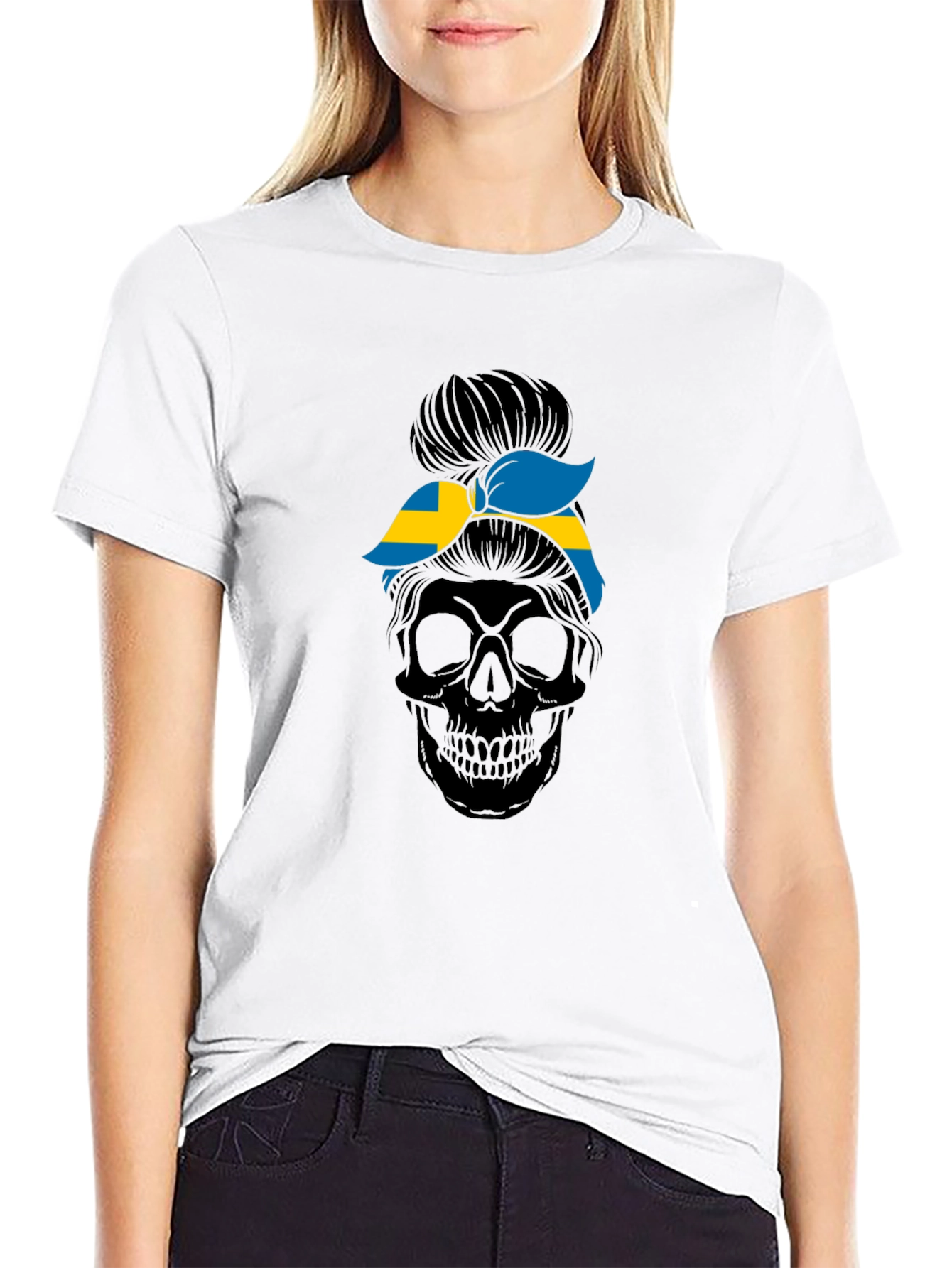 Sweden Flag Skull Messy Bun T-Shirt