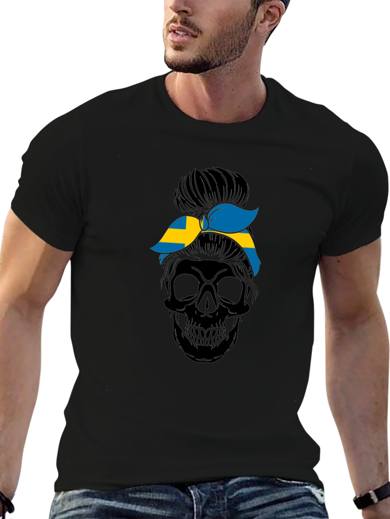Sweden Flag Skull Messy Bun T-Shirt