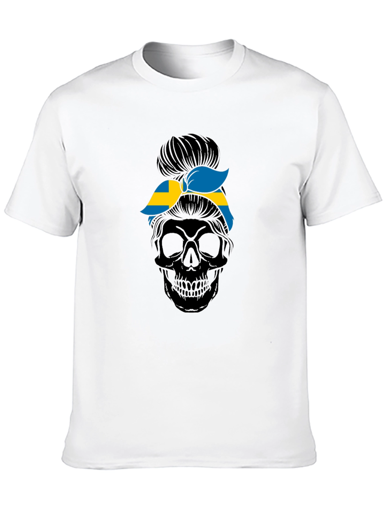 Sweden Flag Skull Messy Bun T-Shirt