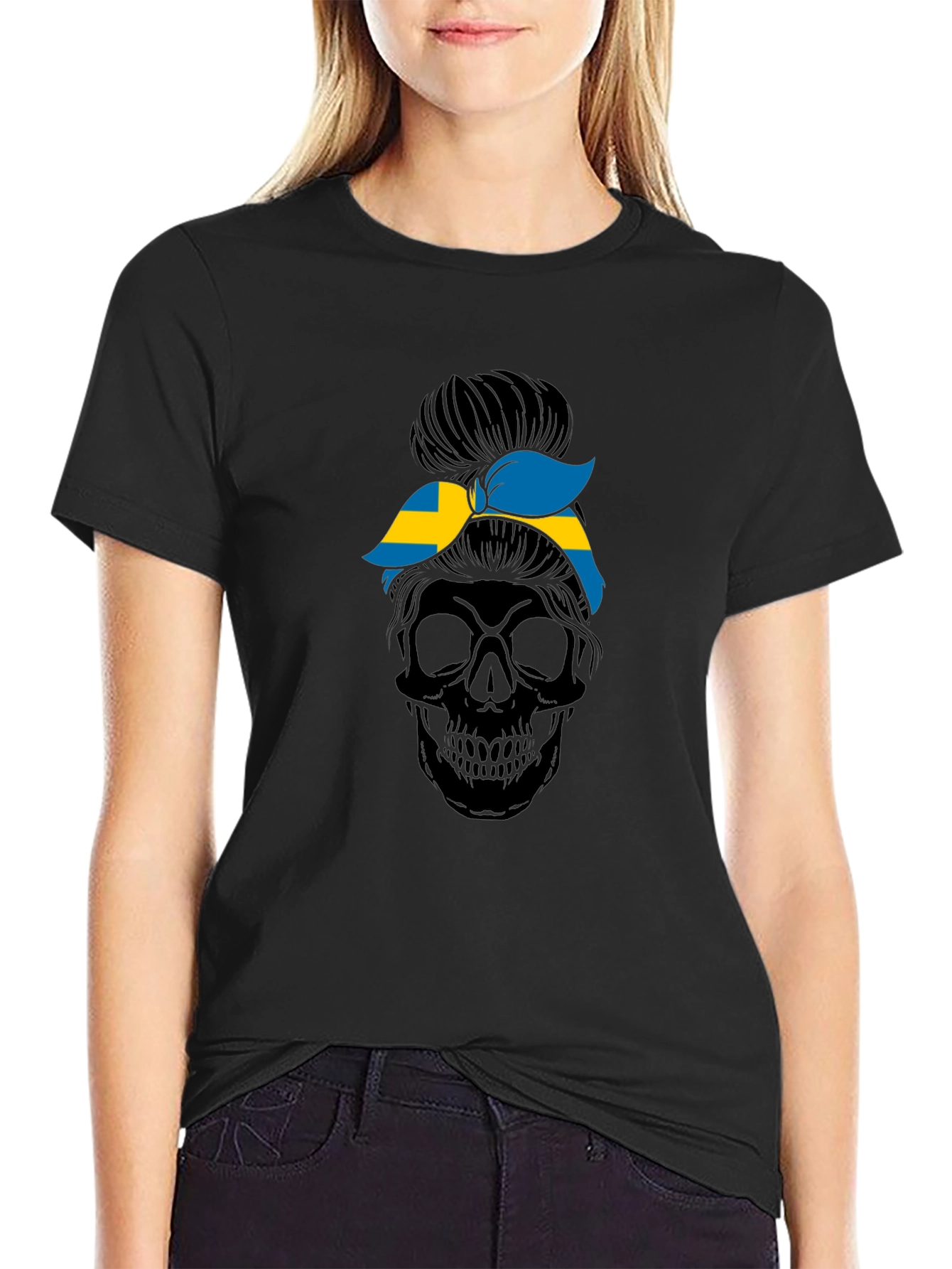 Sweden Flag Skull Messy Bun T-Shirt