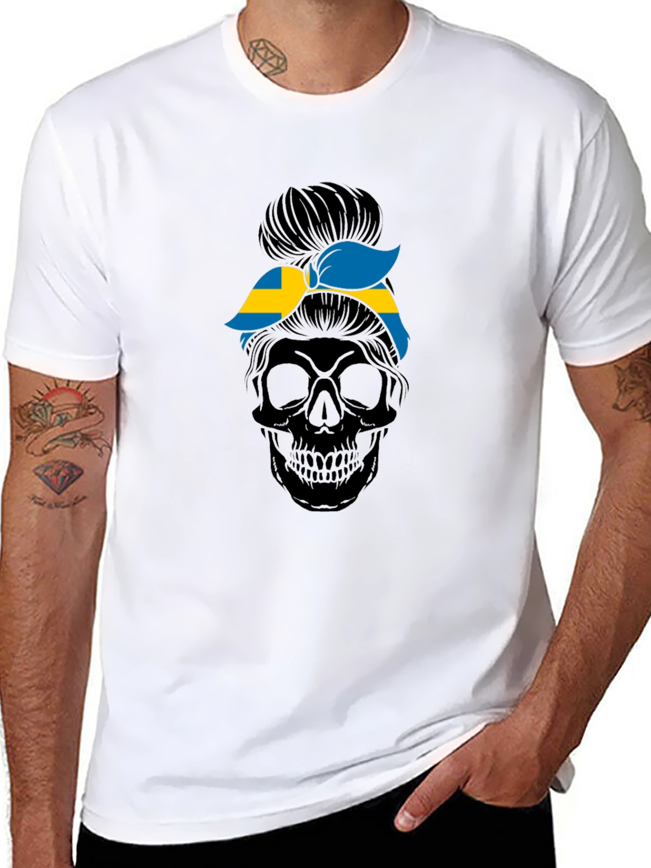 Sweden Flag Skull Messy Bun T-Shirt