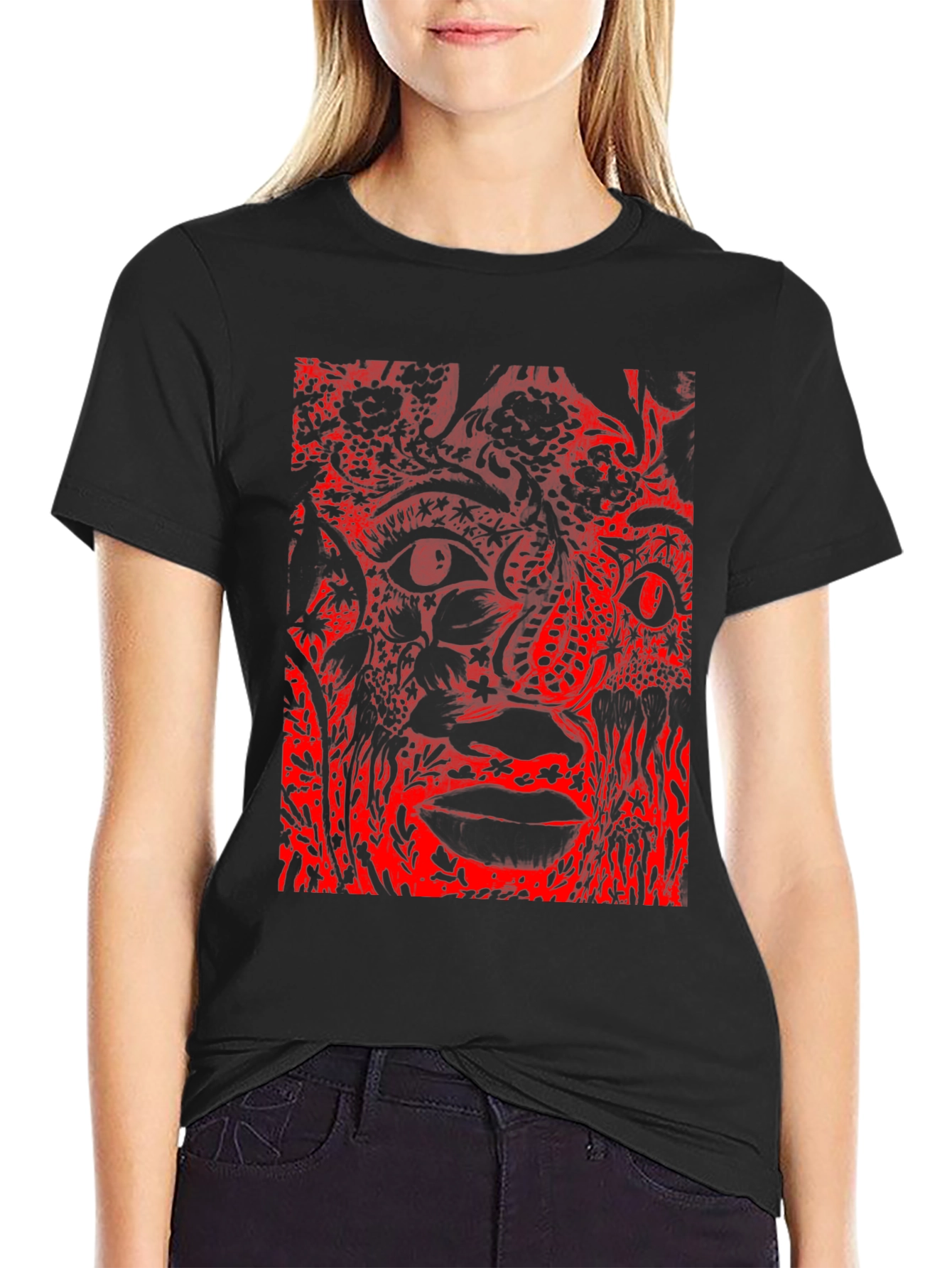 Abstract Red Print Black T-Shirt