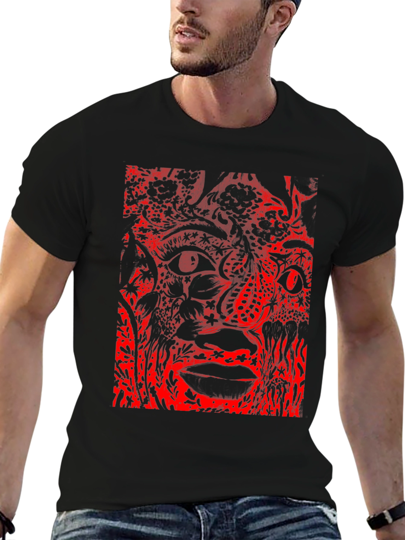 Abstract Red Print Black T-Shirt