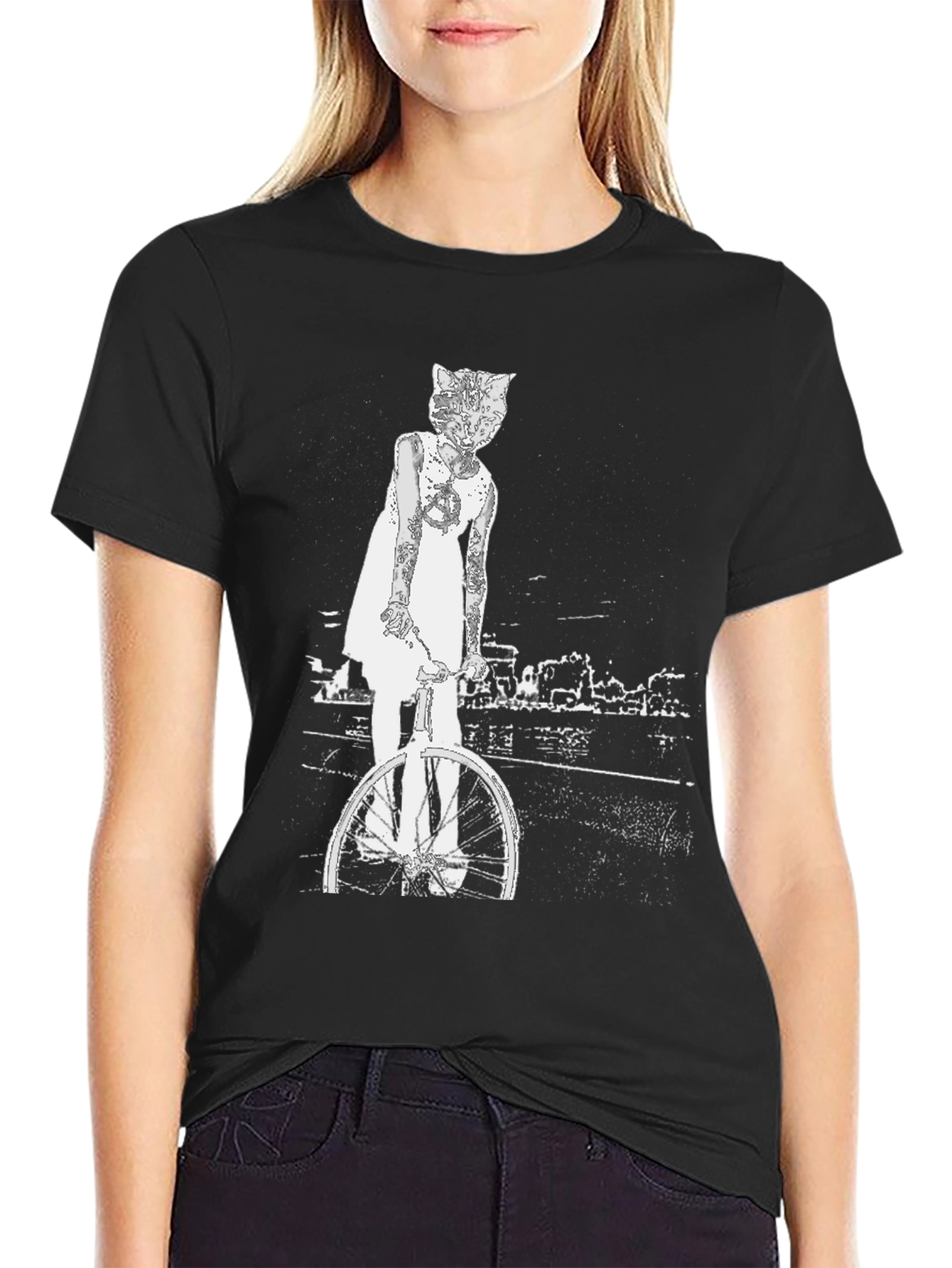 Cat Girl Bicycle Graphic T-Shirt